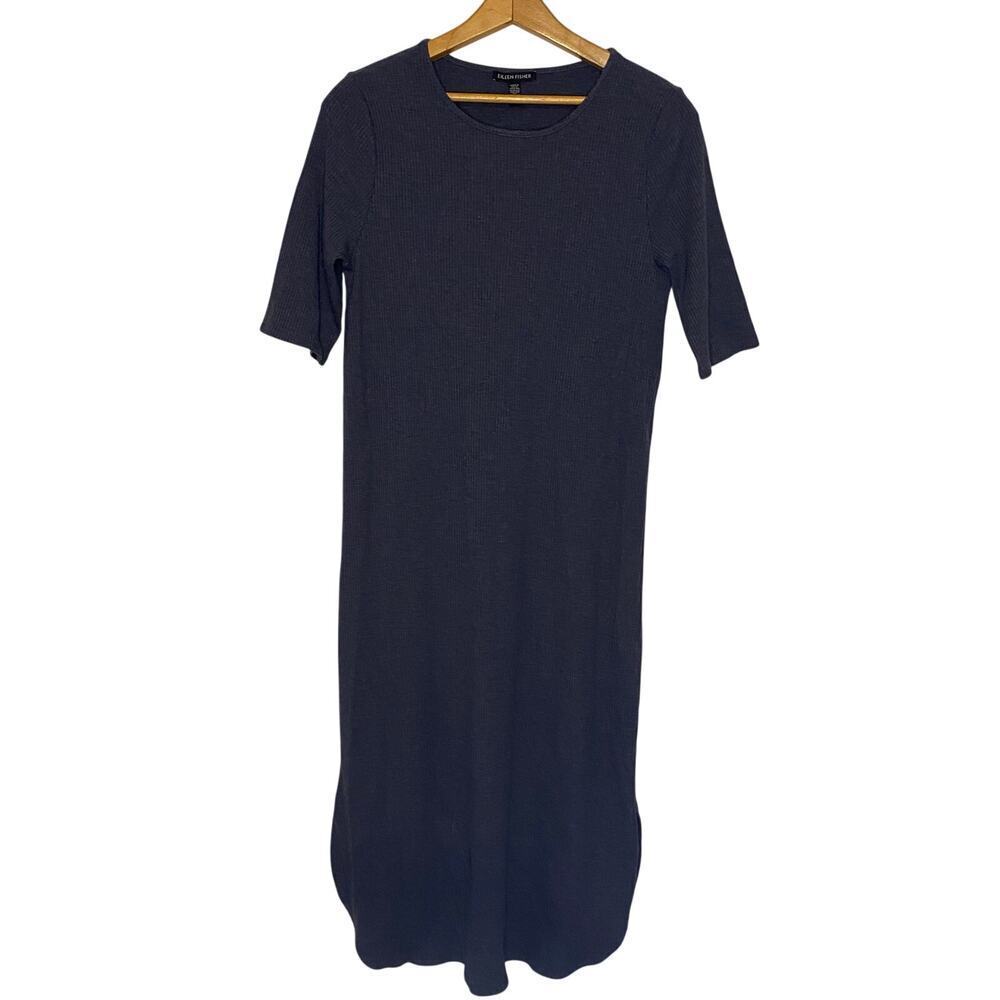 Eileen Fisher Maxi Dress Dark Blue Sweater Ribbed Long Rib Knit Classic Medium